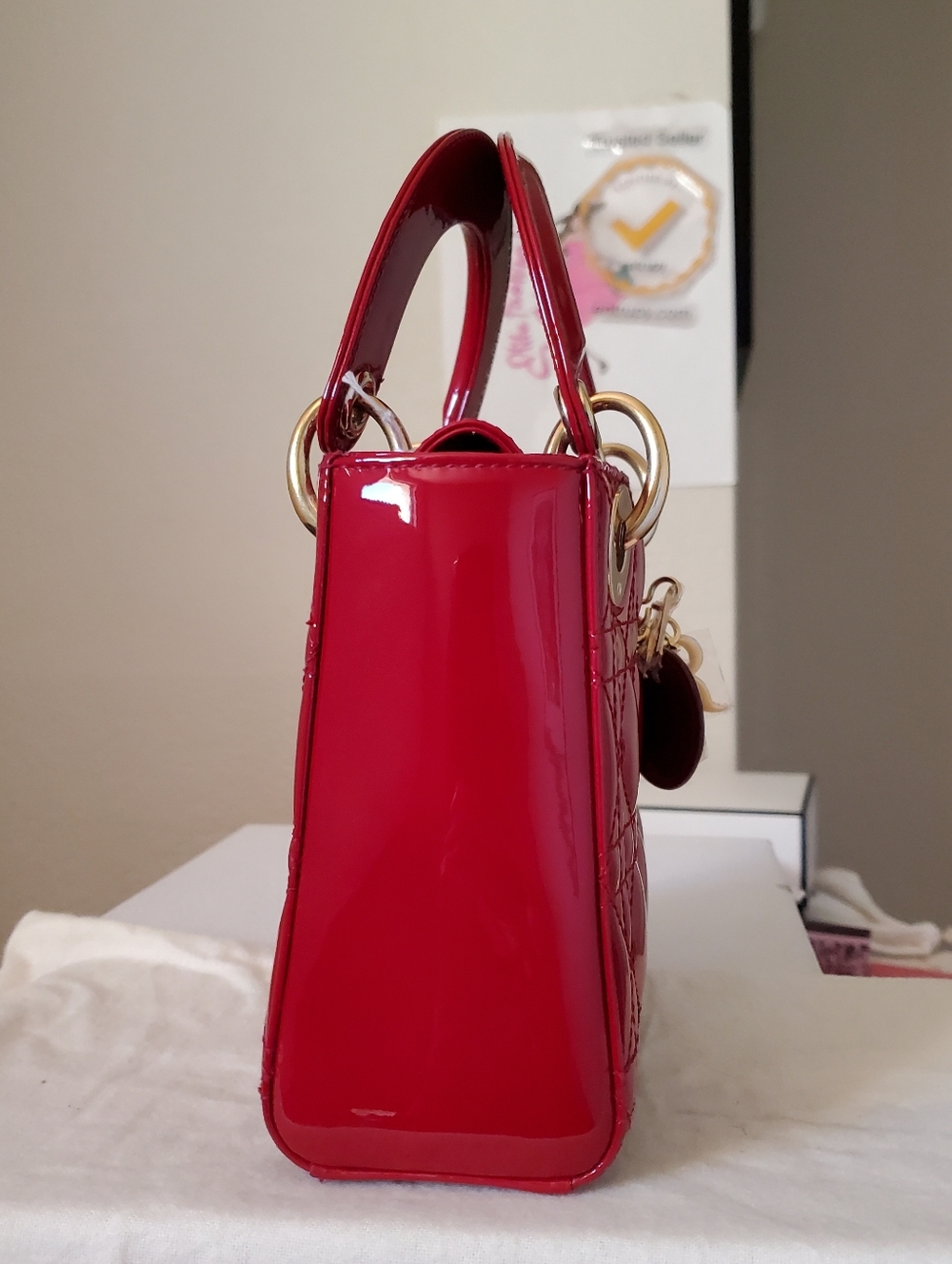 Lady DIOR minj Red Patent Gold Hwbag - Picture 7 of 7